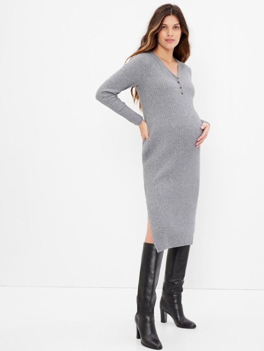 GAP Maternity Henley Midi Sweater Dress, Grey, Medium